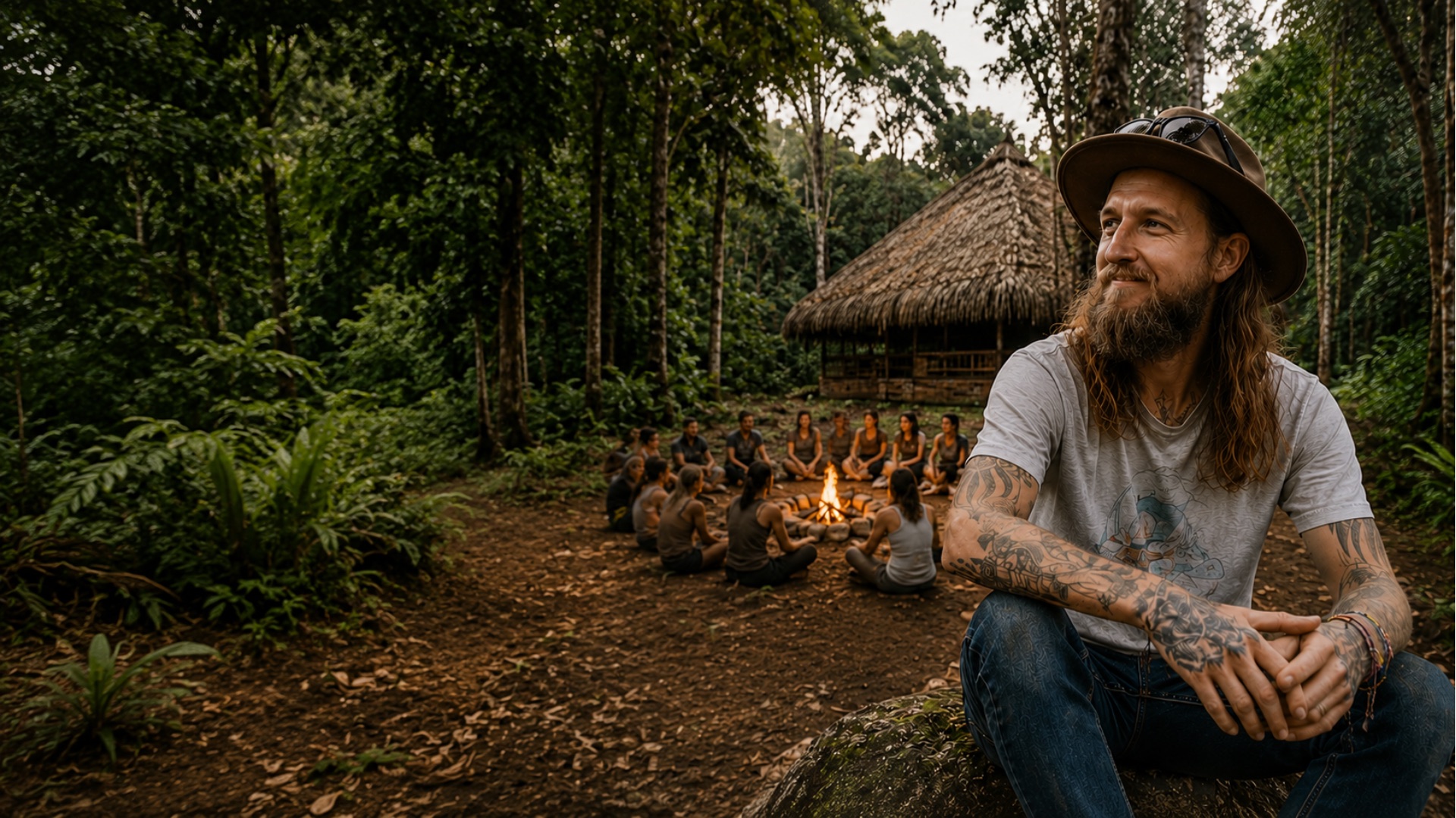 A gathering around a fire in the forest