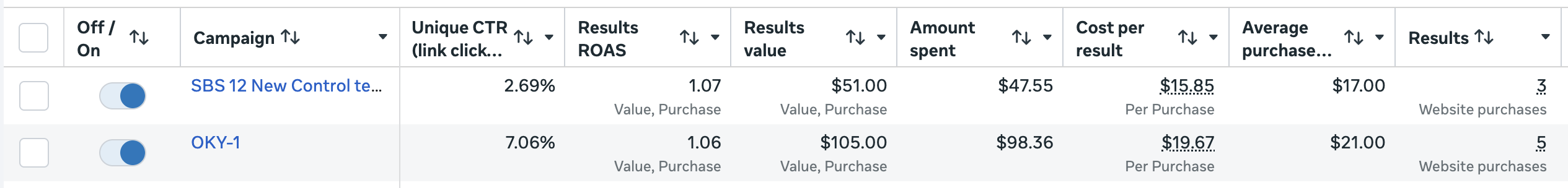 Meta results showing two community campaigns whose member payments exceeded ad spend